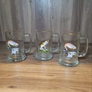 3 VTG Al Agnew Glass Stein Beer Mugs Sportsman Fishing Large Mouth Bass & Trout